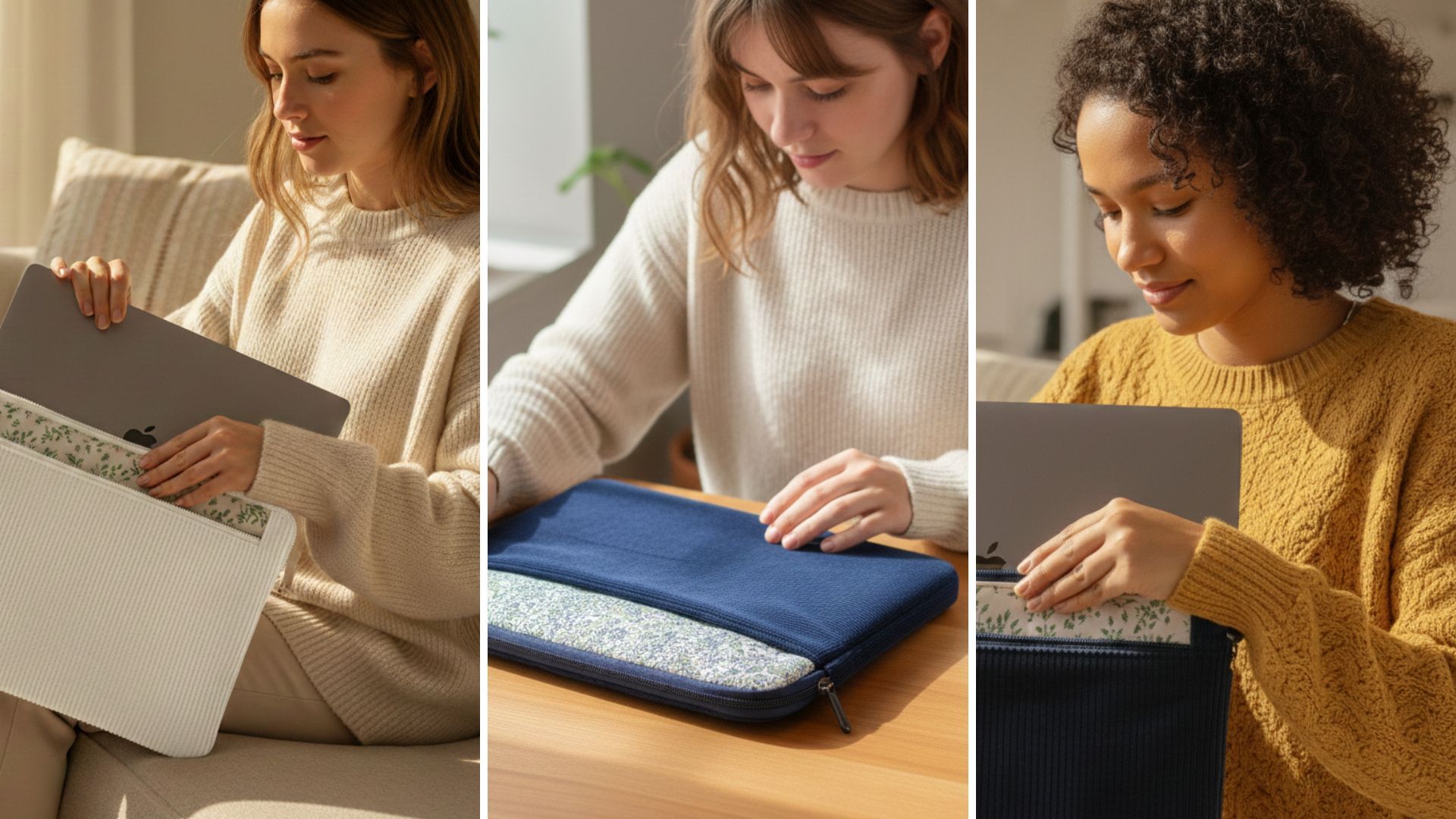 Cliente utilisant une pochette d’ordinateur personnalisée avec motifs et charms, sur un bureau créatif et lumineux
