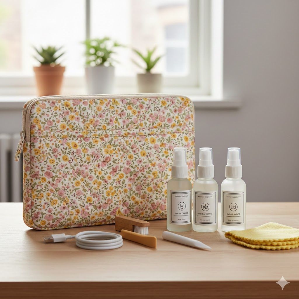 Pochette d’ordinateur avec kit d’entretien pour nettoyage et protection, illustrant comment prendre soin de son accessoire.