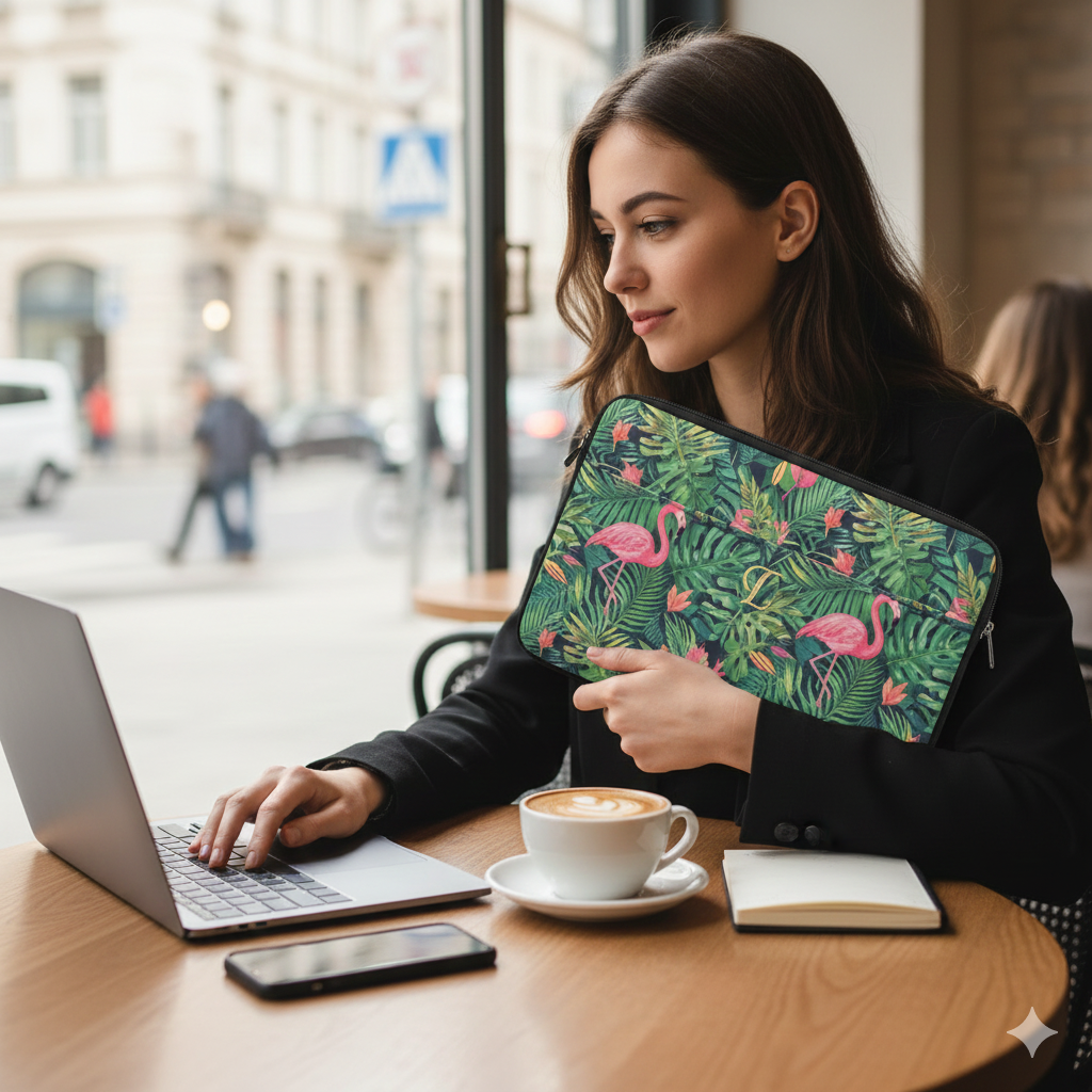 Une pochette ordinateur tendance personnalisée avec des motifs modernes, posée sur un bureau de travail.