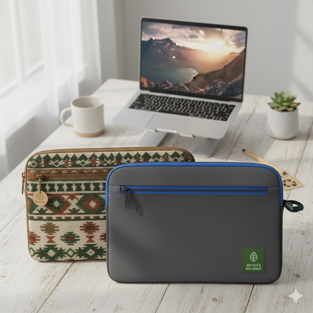 Deux modèles de pochette éco-responsable pour ordinateur portable : l'une faite main avec des motifs ethniques en coton bio, l'autre industrielle en tissu recyclé, posées sur un bureau en bois clair à côté d'un laptop et d'une plante verte.