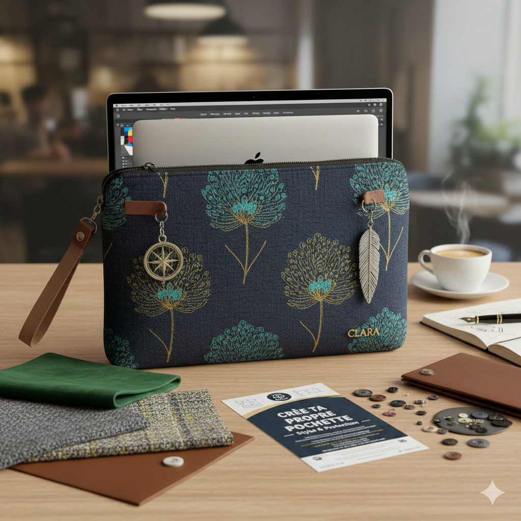 Création d'une pochette d'ordinateur personnalisée et unique avec accessoires et textures de haute qualité.