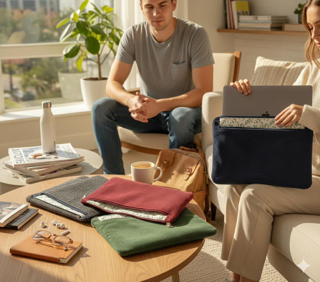 Housse ordinateur personnalisable en velours côtelé avec doublure fleurie