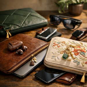 Housses d’ordinateur et accessoires tech 2025 en matériaux durables, cuir de champignon et broderies, illustrant la mode tech alliant style et fonctionnalité.