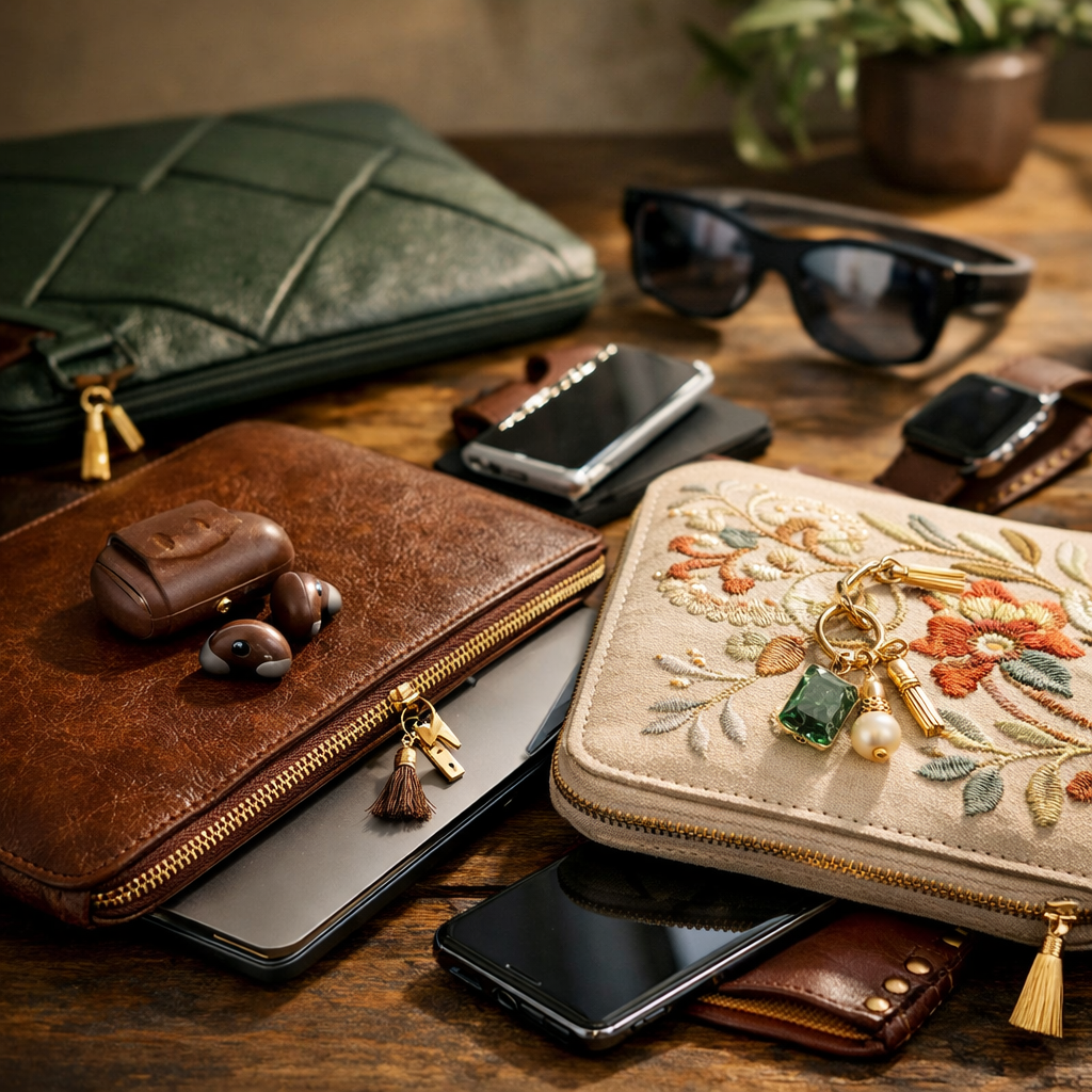 Housses d’ordinateur et accessoires tech 2025 en matériaux durables, cuir de champignon et broderies, illustrant la mode tech alliant style et fonctionnalité.